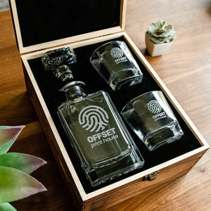 Branded Decanter Set Swanky Badger Front Engraving + 2 glasses Wood Display Box