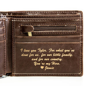 Personalized Bifold Wallet: Circle Men's Leather Wallet Swanky Badger Initials + Inside Message Brown