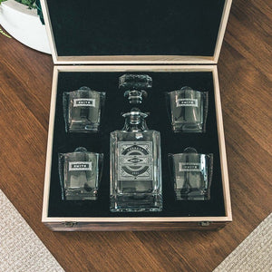 Whiskey Decanter: The Classic Personalized Whiskey Decanter Swanky Badger Front Engraving + 4 glasses Wood Display Box