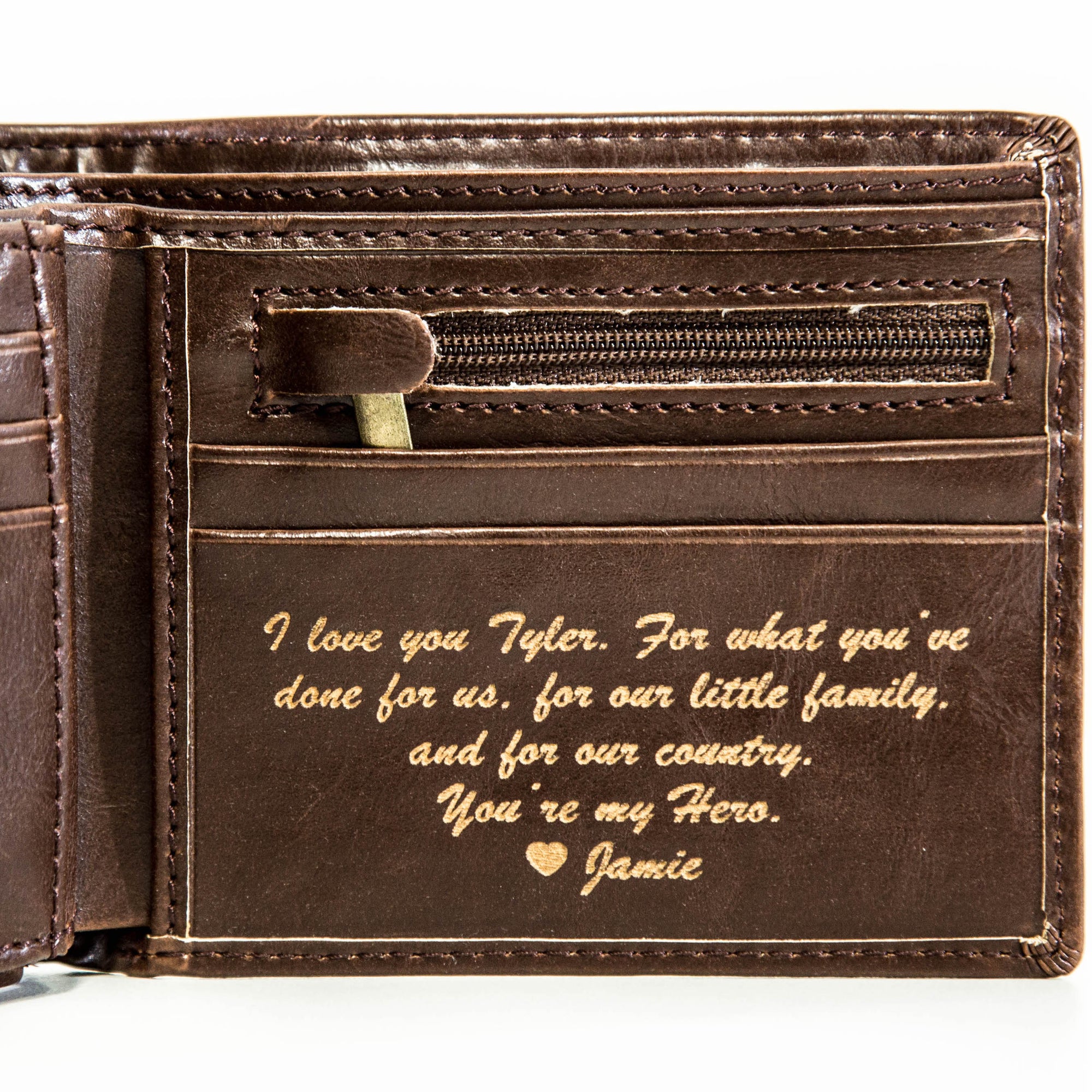 Personalized leather wallet with a special note