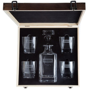 Decanter Set: Father's Day Personalized Whiskey Decanter Swanky Badger Front Engraving + 4 glasses Wood Display Box 