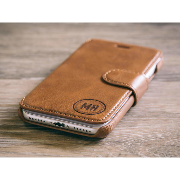 Personalized Brown Leather Phone Case - Circle Personalized Brown Leather Phone Case - Circle