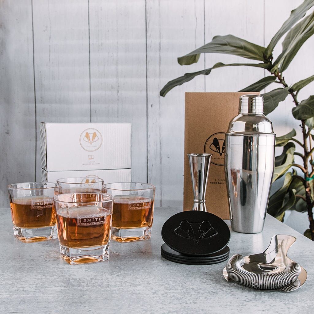Whiskey Essentials Bundle Swanky Badger Brown Coasters 