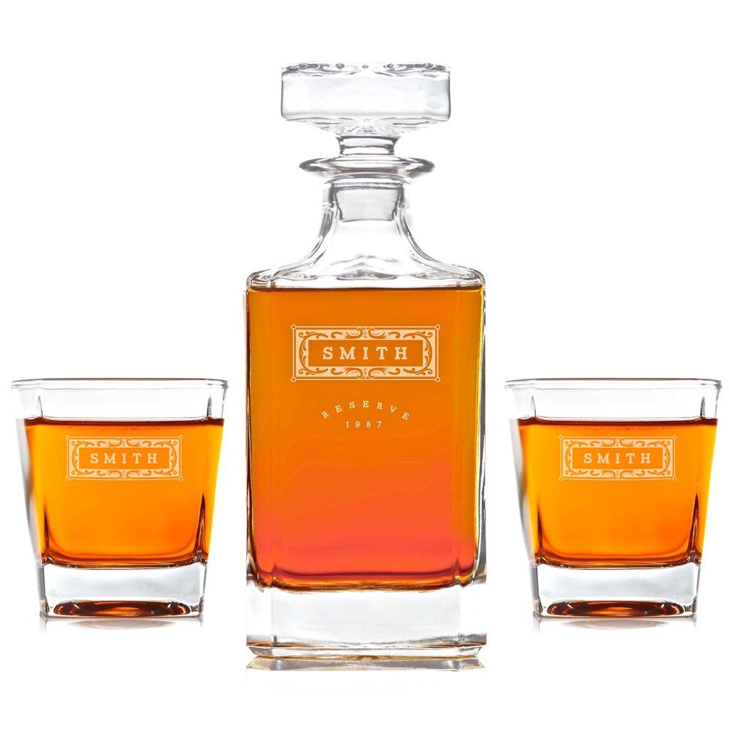 Whiskey Decanter and Double Rocks Glasses Set Personalized w/ Name & Initial